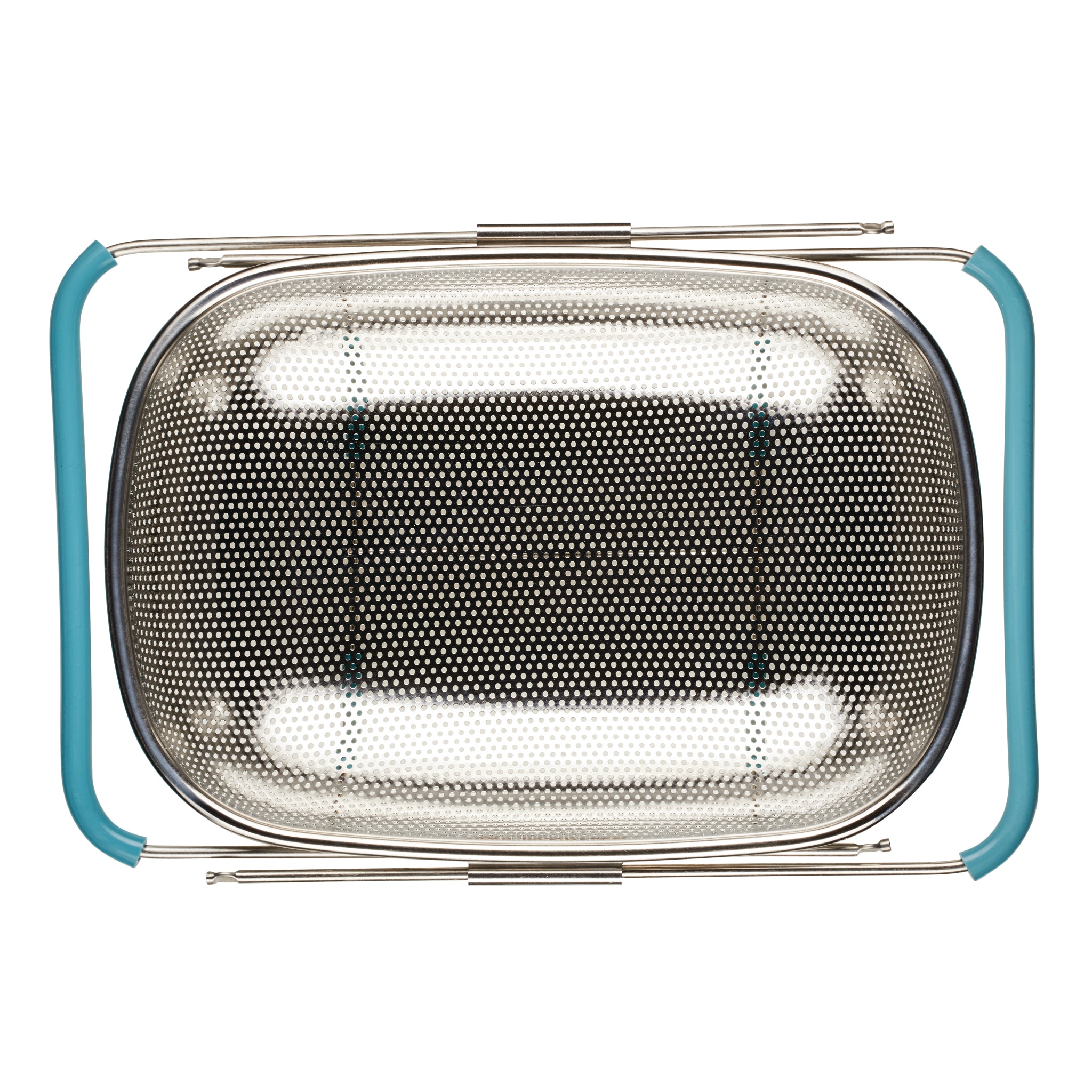 Oval mesh strainer with teal handles, viewed from above.