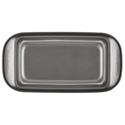 Gray rectangular baking pan with slightly rounded edges, viewed from above.