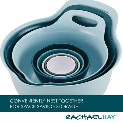 Set of nested blue mixing bowls with handles for space-saving storage.