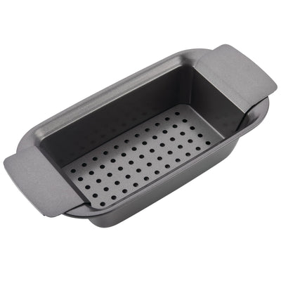 Gray perforated baking pan with handles on a white background.