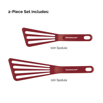 Two red spatulas, labeled 10in and 12in, with slotted flexible heads.