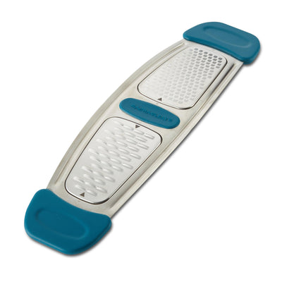 Blue and silver handheld grater with dual-sided design.