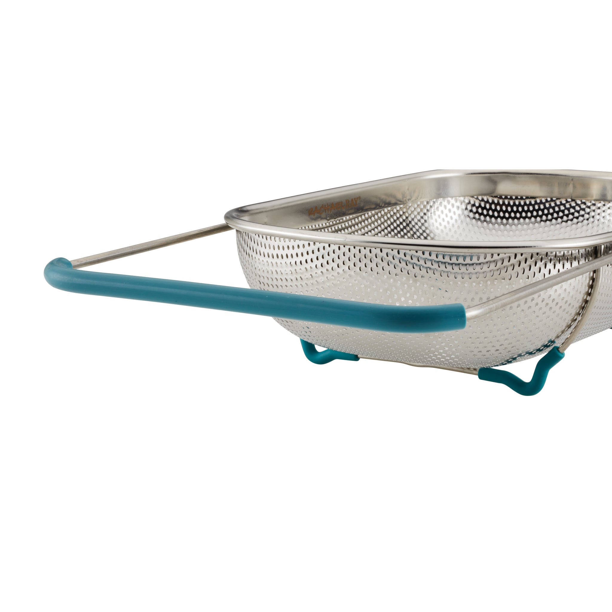 Metal colander with teal handles on white background.