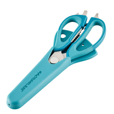 Blue multi-purpose kitchen scissors with a protective sheath.