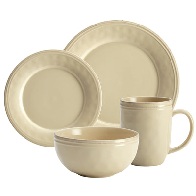 Beige dinnerware set with plate, bowl, and mug on white background.