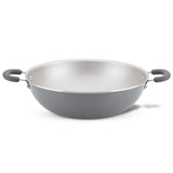 A gray wok with black handles on a white background.