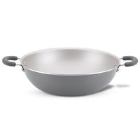 A gray wok with black handles on a white background.