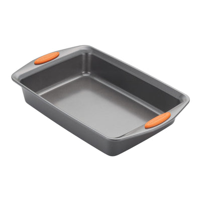 Rectangular baking pan with orange silicone handles on each side.