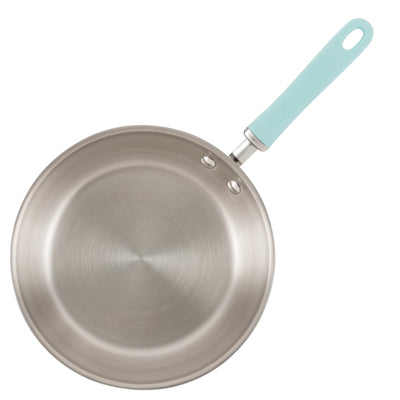 Stainless steel frying pan with a light blue handle on a white background.