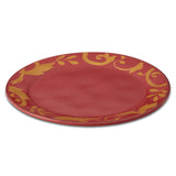 Red plate with gold decorative pattern around the rim.