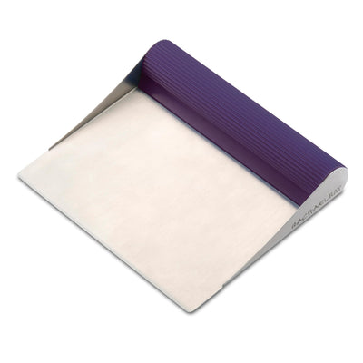 Metal bench scraper with a purple handle.