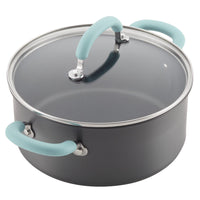Black pot with a glass lid and teal handles.