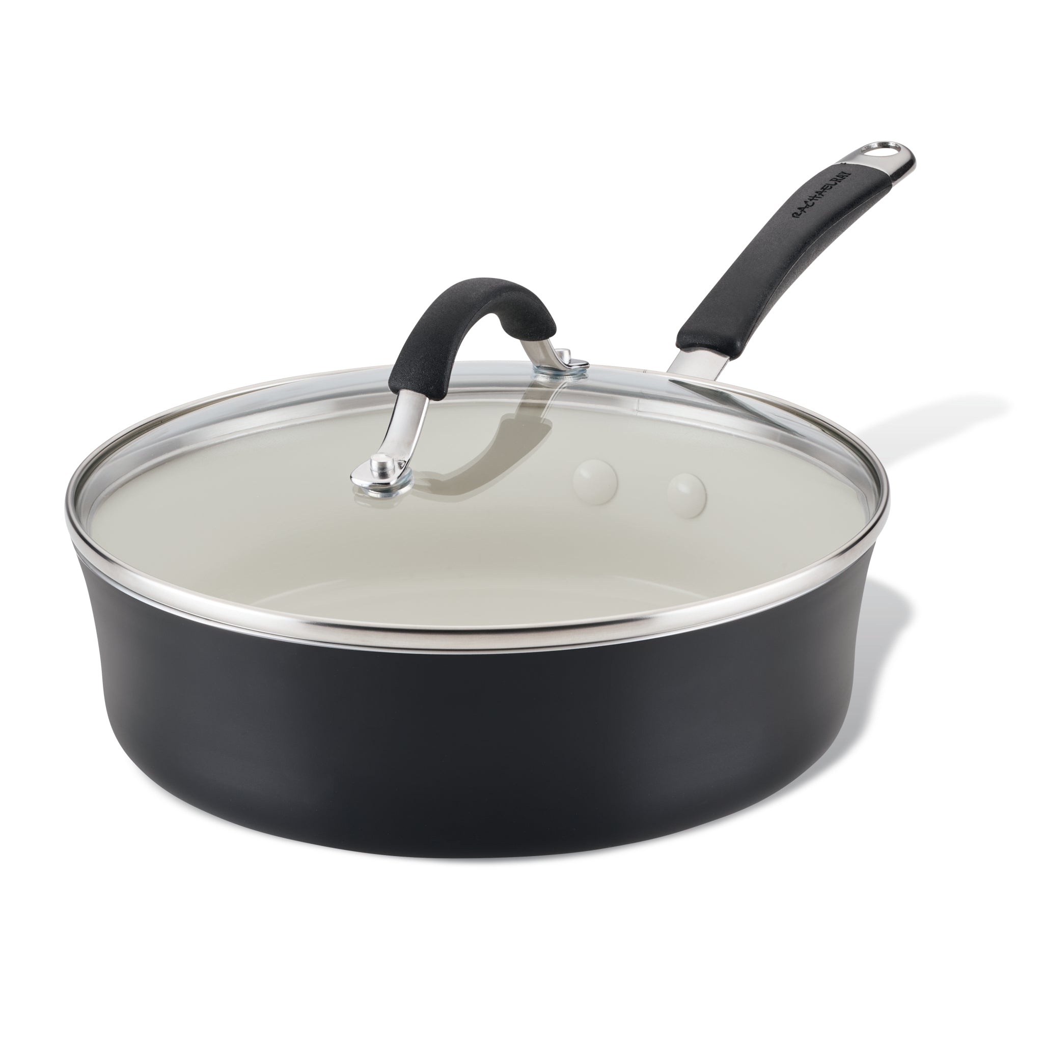 Ceramic Nonstick Saute Pan with glass lid and black handle, premium quality.