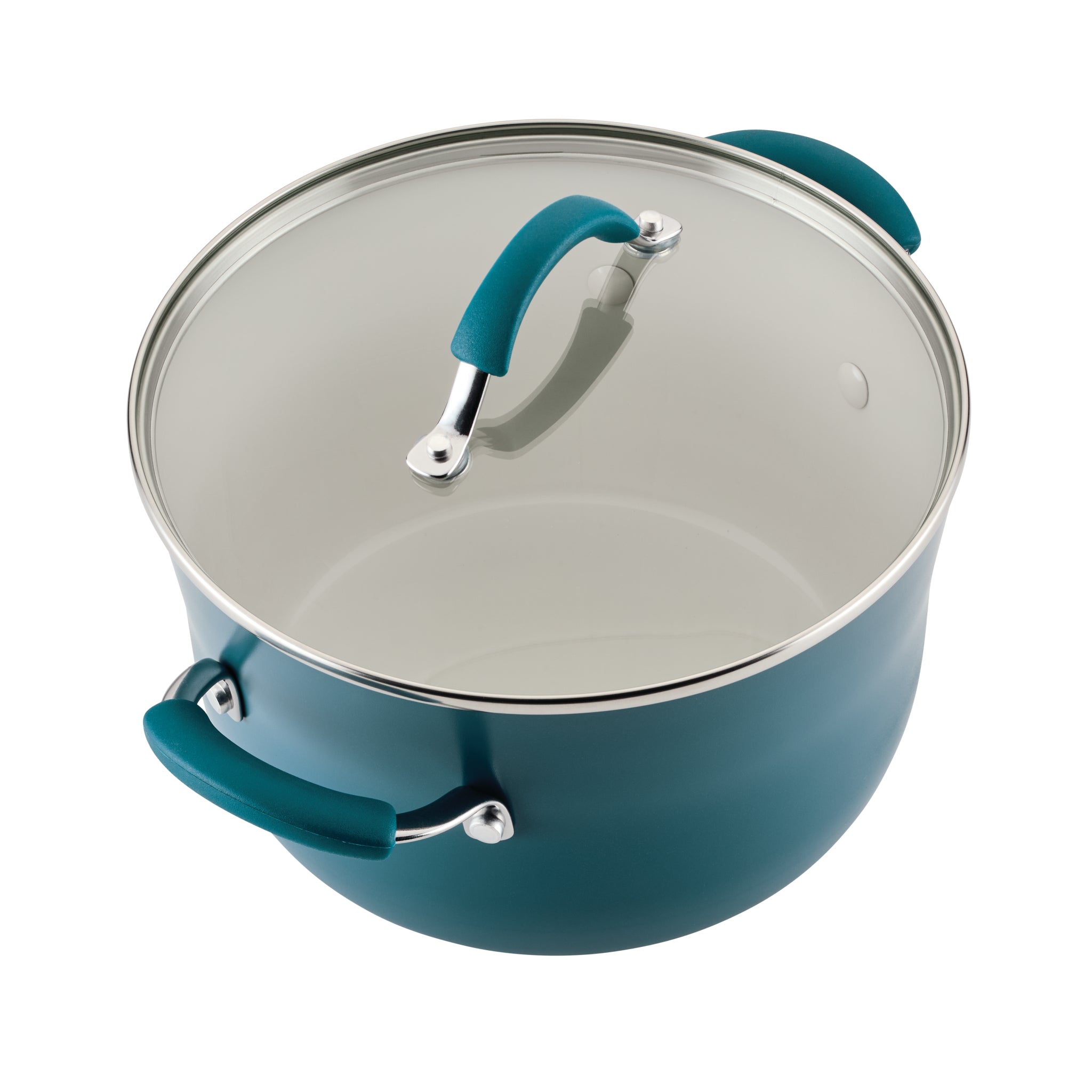 10-Piece Ceramic Nonstick Cookware Set, teal with glass lids, top view.