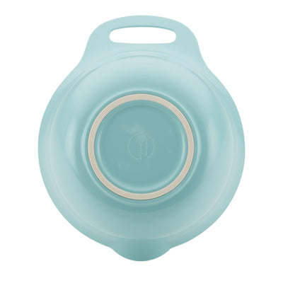 Aqua-colored plastic lid with handle, viewed from above.