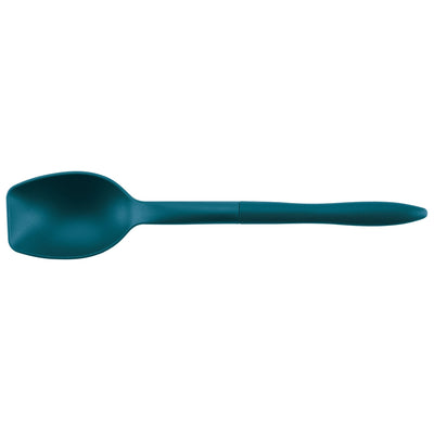 A blue silicone spoon with a flat edge on a white background.