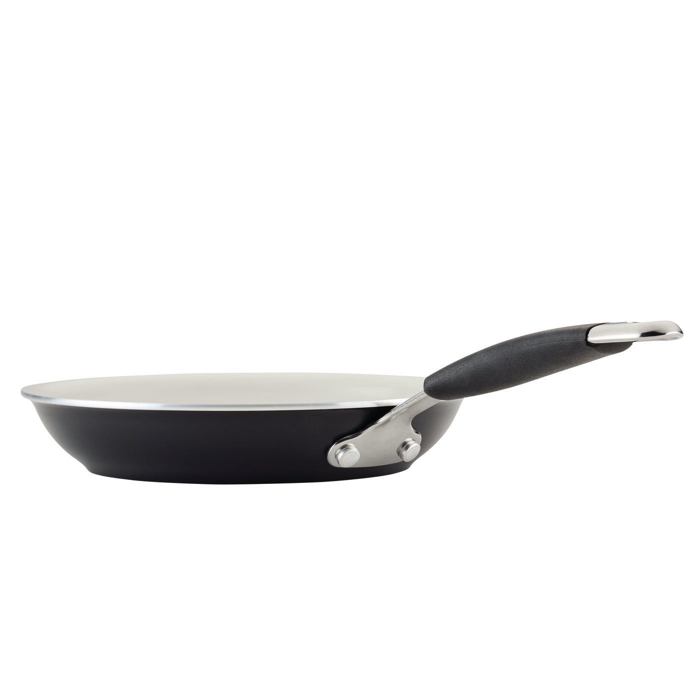 Ceramic Nonstick Frying Pan with white interior and rubberized handle.