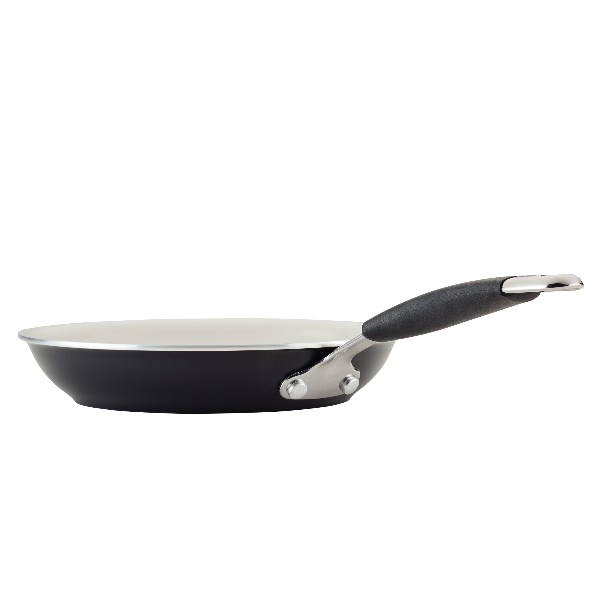 Ceramic Nonstick Frying Pan with white interior and rubberized handle.