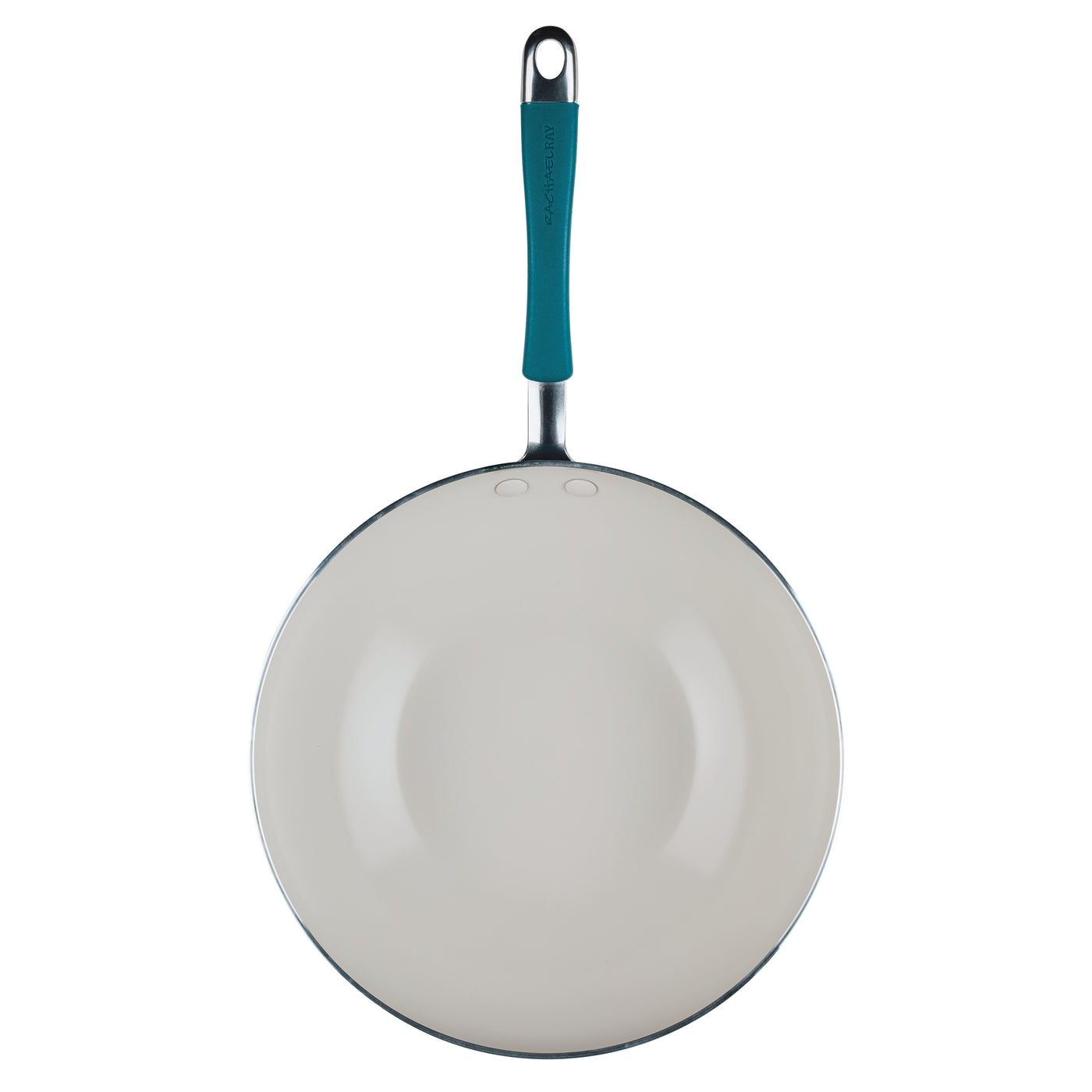 Ceramic Nonstick Stir Fry Pan with teal handle, top view on white.