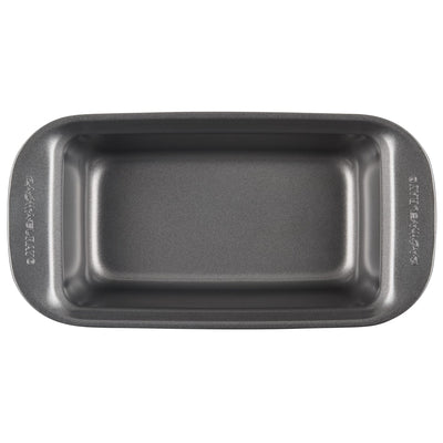 Empty gray loaf pan with a rectangular shape viewed from above.