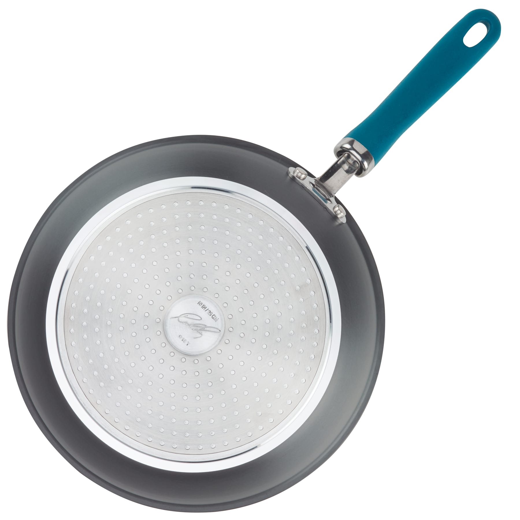 Top view of a frying pan with a teal handle on a white background.