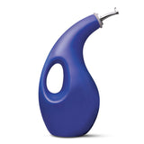 Blue, curved oil dispenser bottle with a handle and a stainless steel spout.