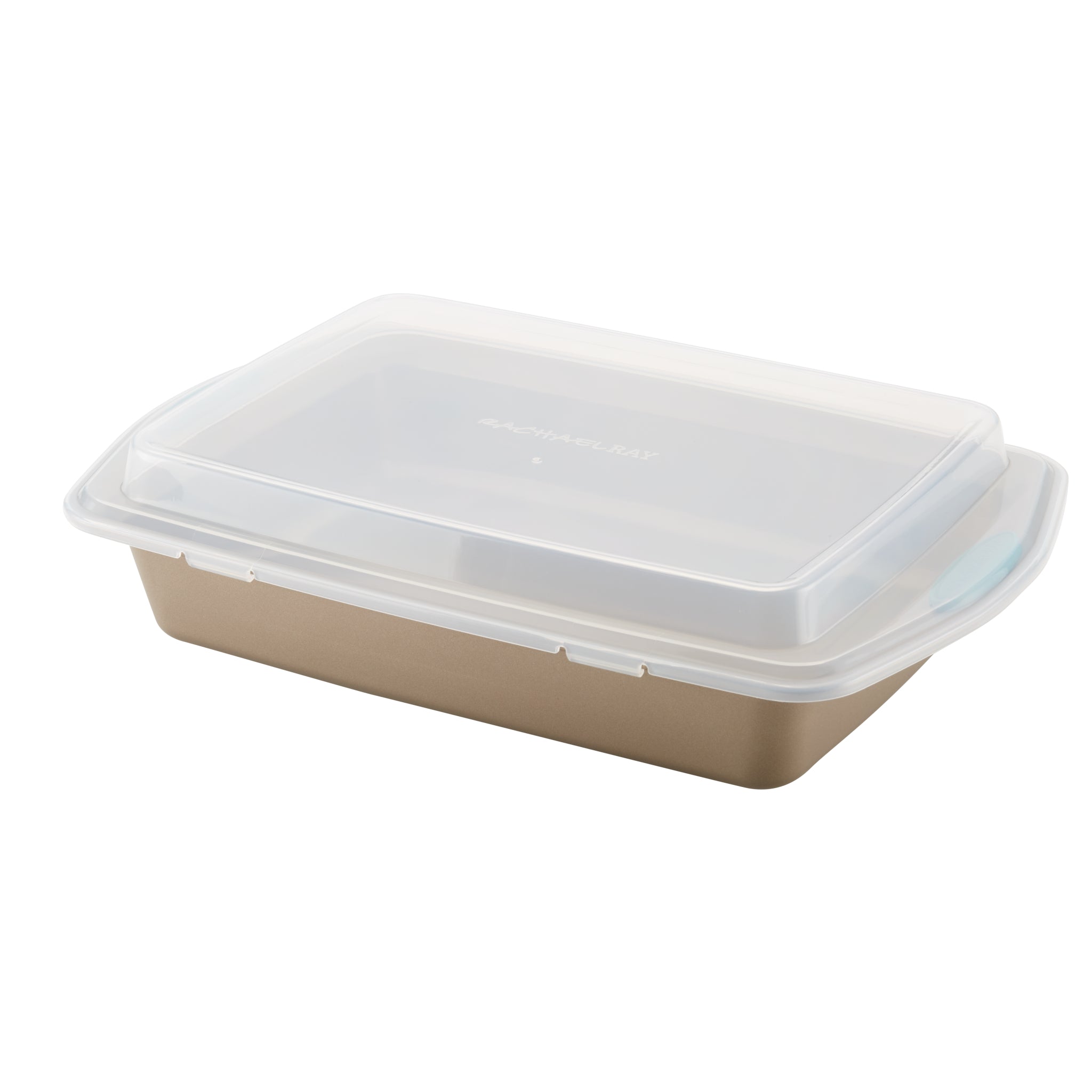 Rachael Ray's 9-Inch x 13-Inch Nonstick Cake Pan with Lid boasts a transparent lid that perfectly complements her famous nonstick baking collection.