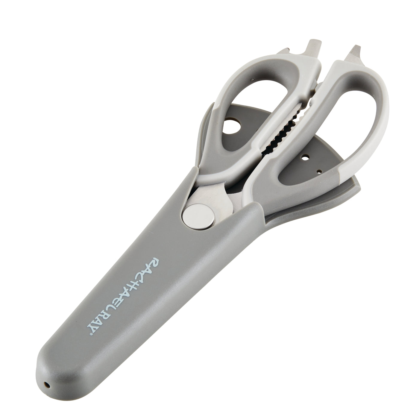 Gray multipurpose scissors with a sheath and ergonomic handles.