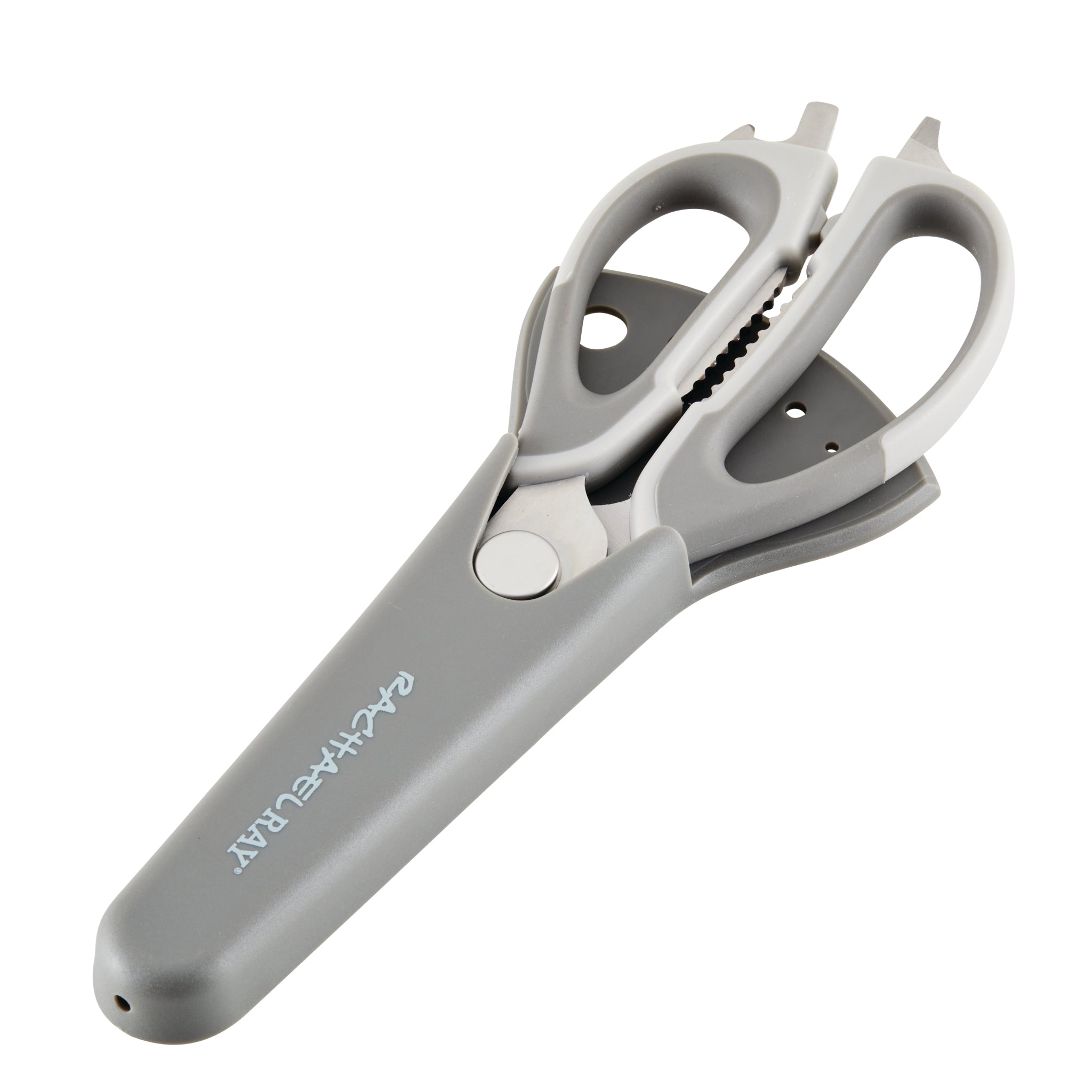 Gray multipurpose scissors with a sheath and ergonomic handles.