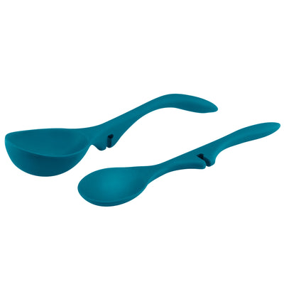 Two blue kitchen spoons with ergonomic handles are shown.