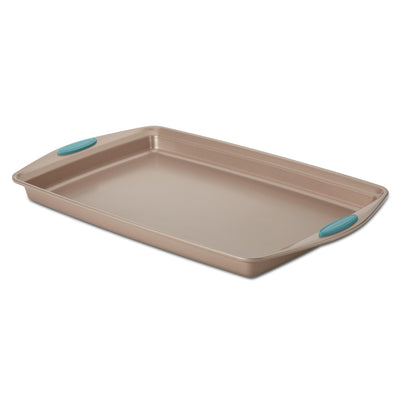 Rectangular baking sheet with teal grip handles on a white background.