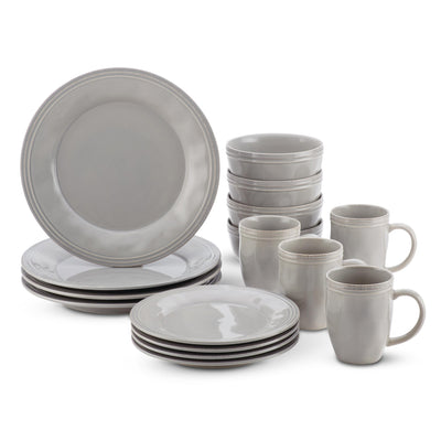 Gray ceramic dinnerware set with plates, bowls, and mugs.