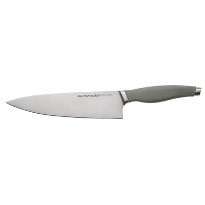 A chef's knife with a silver blade and green handle.