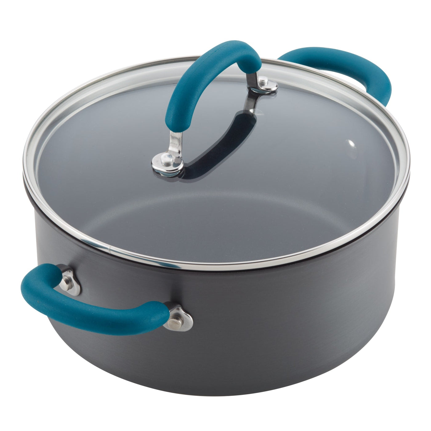A pot with a glass lid and blue handles on a white background.