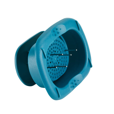 Blue silicone meat tenderizer with a textured surface and raised spikes.