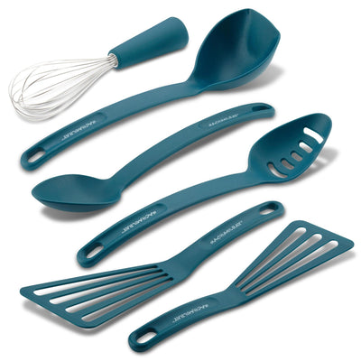 Teal kitchen utensils set, including spatulas, spoon, and whisk.