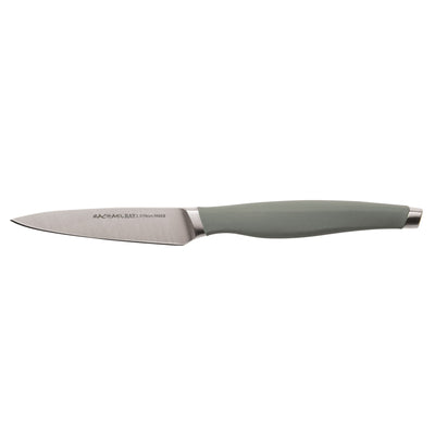 Paring knife with a green handle and a stainless steel blade.