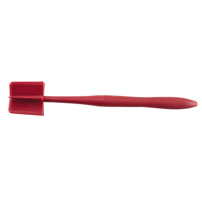 Red plastic culinary chopper with a long handle.