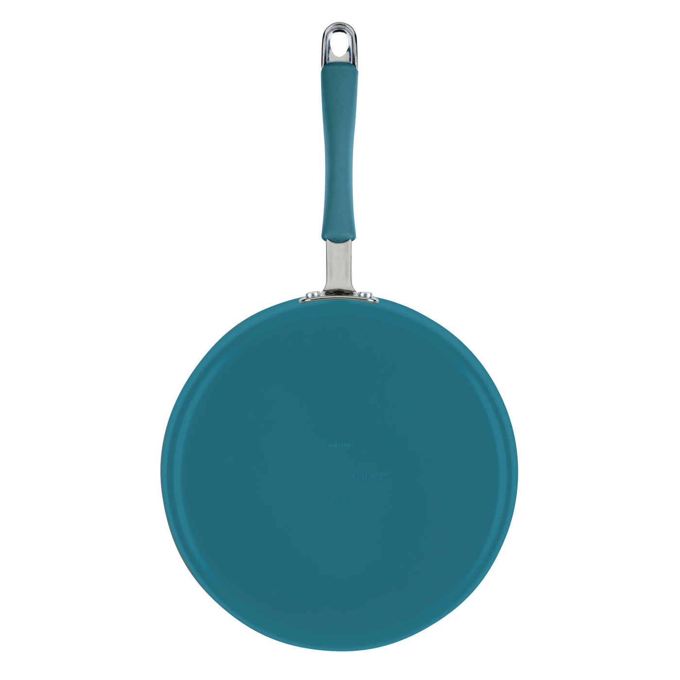 Ceramic Nonstick Saute Pan in teal, top view with handle facing upward.