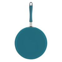 Ceramic Nonstick Saute Pan in teal, top view with handle facing upward.