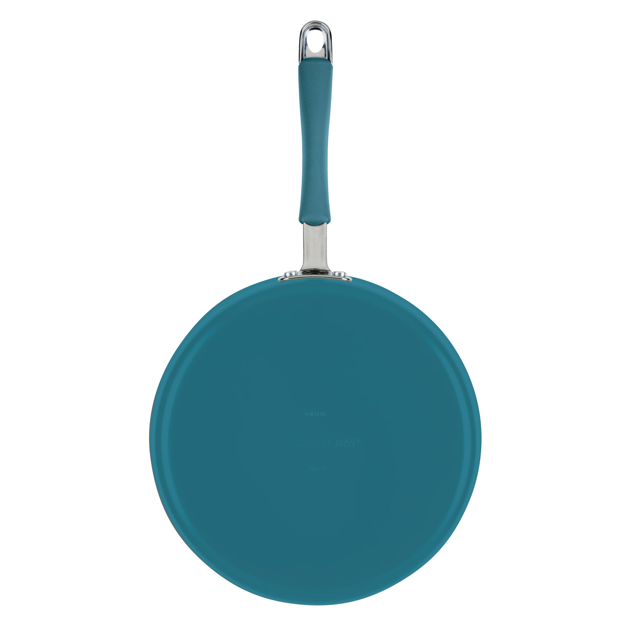 Ceramic Nonstick Saute Pan in teal, top view with handle facing upward.