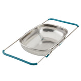 Rectangular metal colander with blue handles.