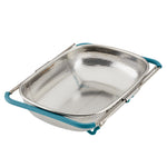 Rectangular metal colander with blue silicone handles.