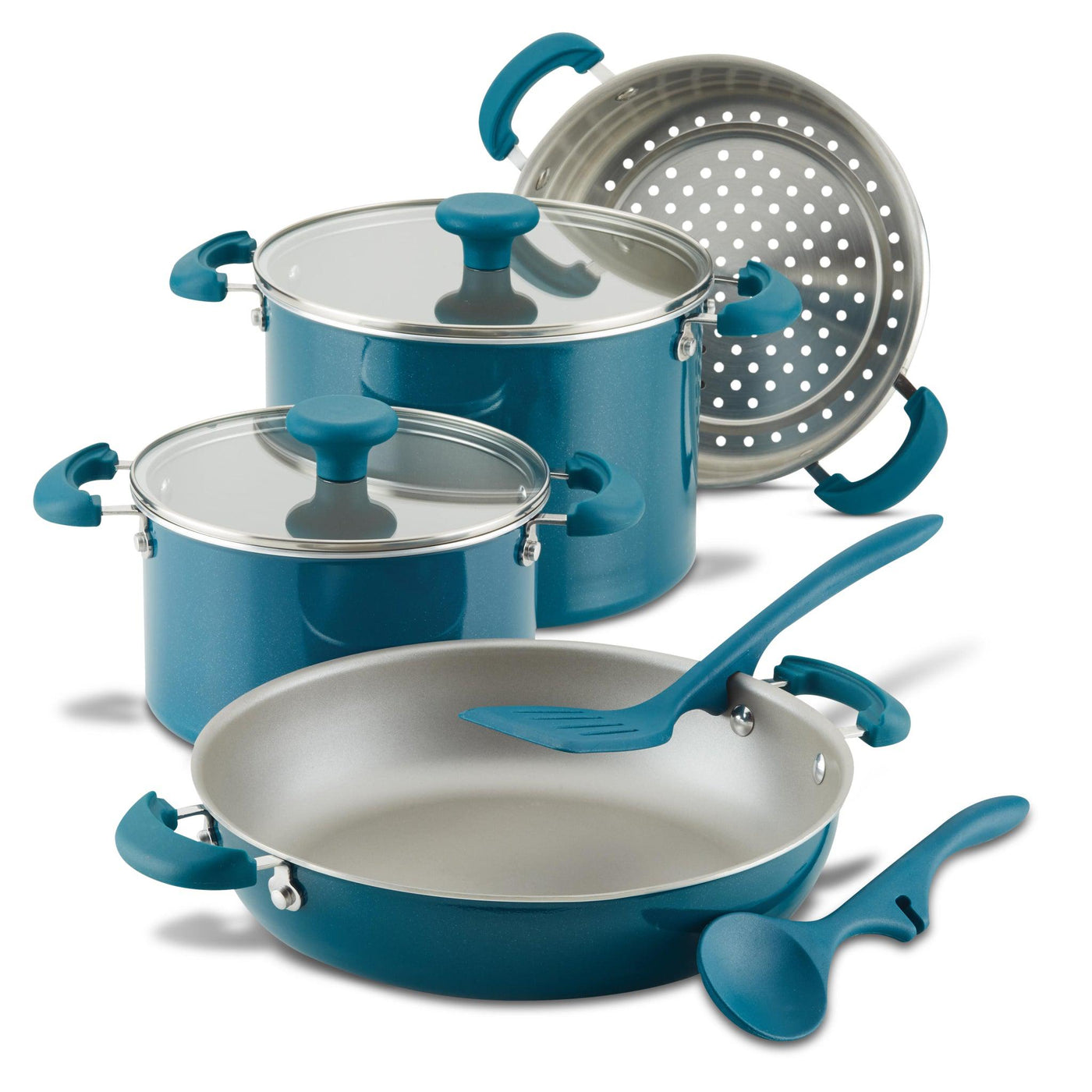 Seven-piece teal cookware set with pots, pans, lids, and utensils.