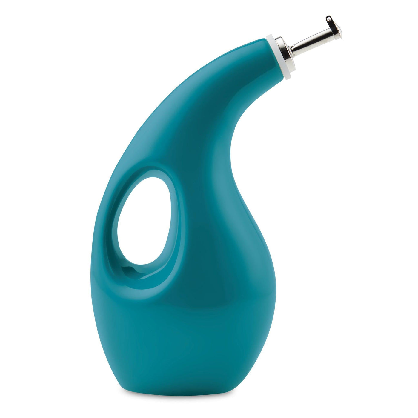 24-Ounce EVOO Bottle: teal, curved design with steel spout for precise pouring.