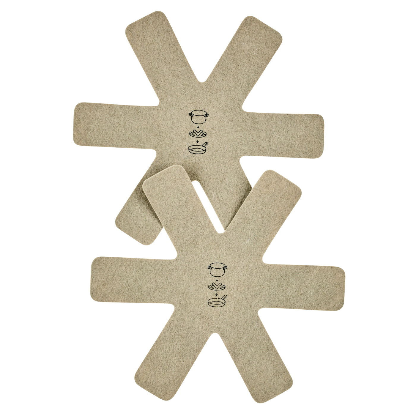 Two beige pan protectors with utensil icons for 10-Piece Ceramic Cookware Set.