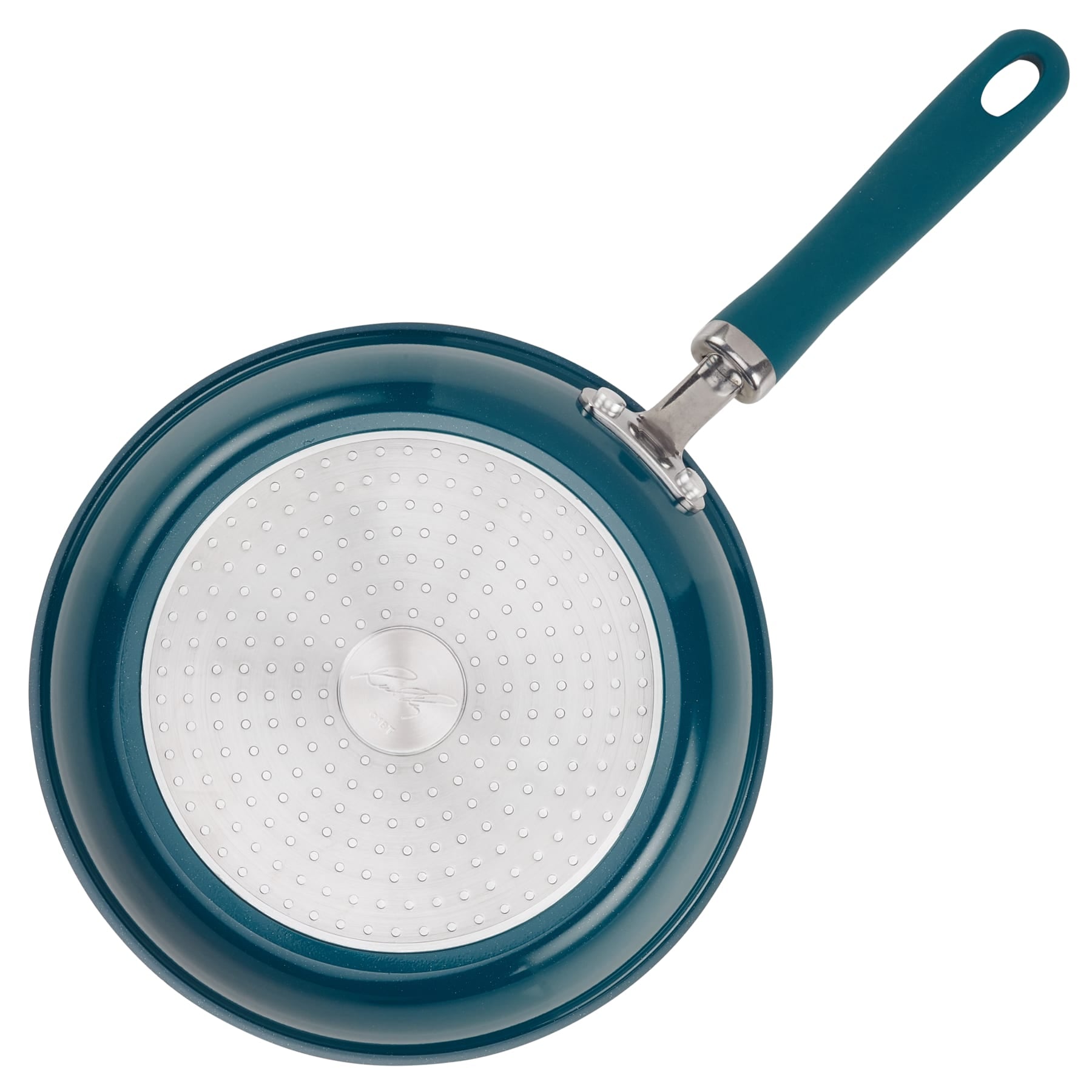 Blue-handled frying pan with a non-stick surface, viewed from above.