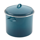 Blue enameled stockpot with lid and handles.