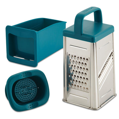 Metal box grater with teal plastic handle and container.