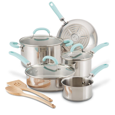 Stainless steel cookware set with light blue handles and wooden utensils.